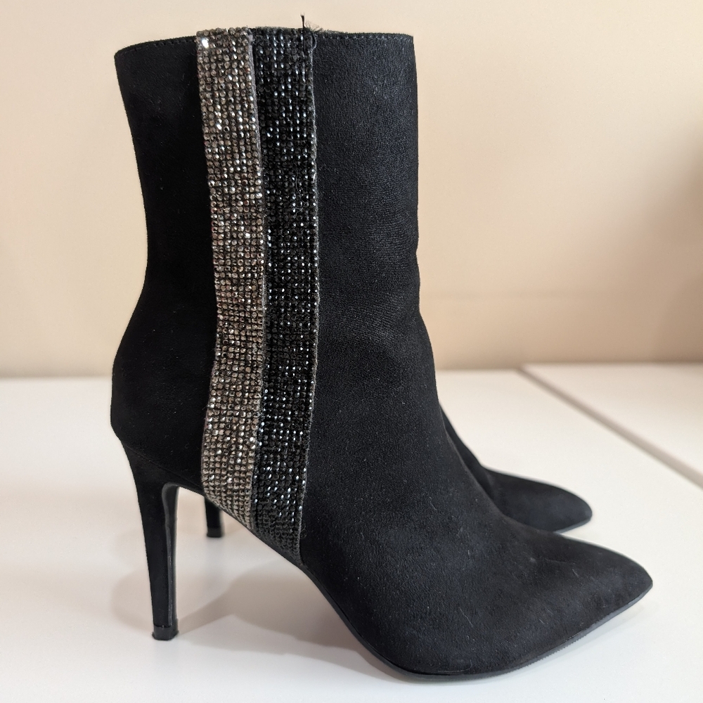 Material Girl Black Suede Heeled Boots with Silver Detail Stripe